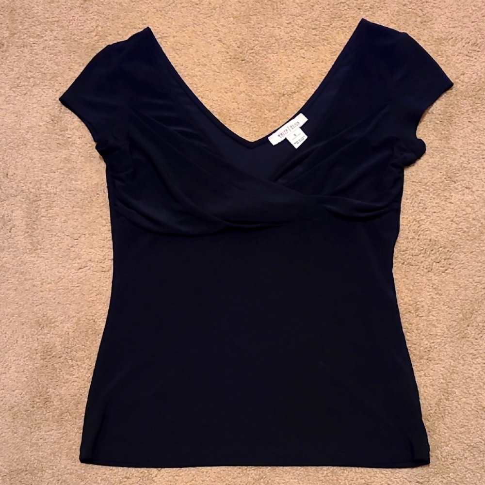 White House Black Market Fitted Black V Neck and Back Top, Size Small